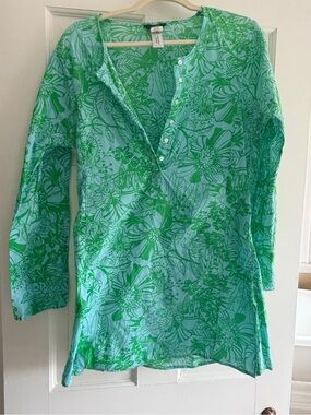 J. Crew Green Floral Print Swim Coverup with Light Blue Background